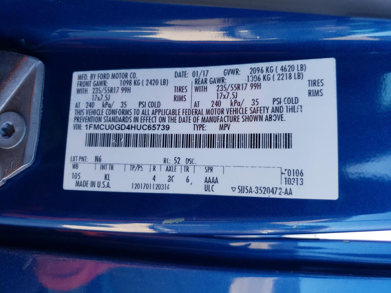 2017 Ford Escape VIN 1FMCU0GD4HUC65739 Copart auction photo, front end / side damage thumbnail 15