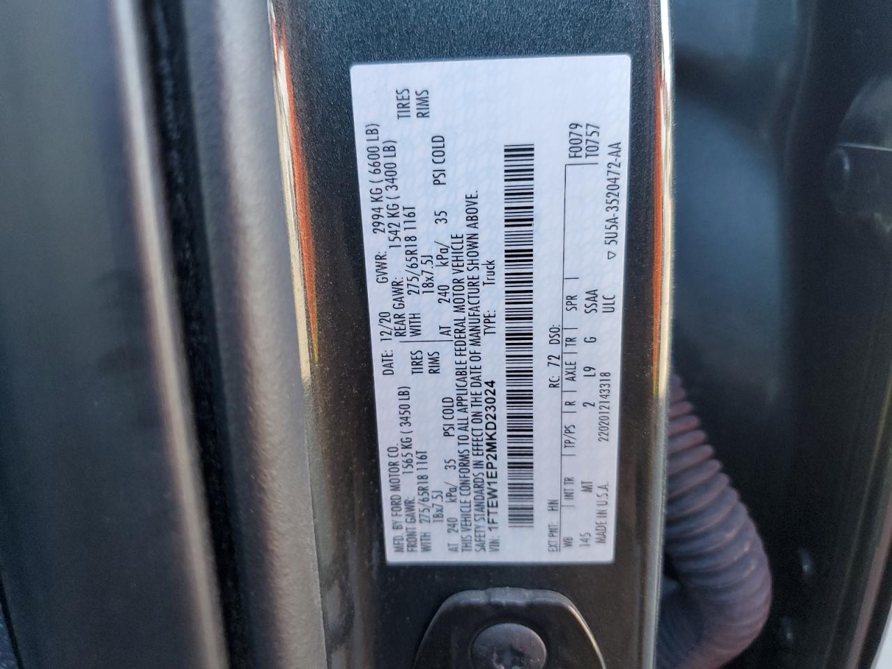 2021 Ford F-150 VIN 1FTEW1EP2MKD23024 Copart auction photo, front end / side damage thumbnail 12