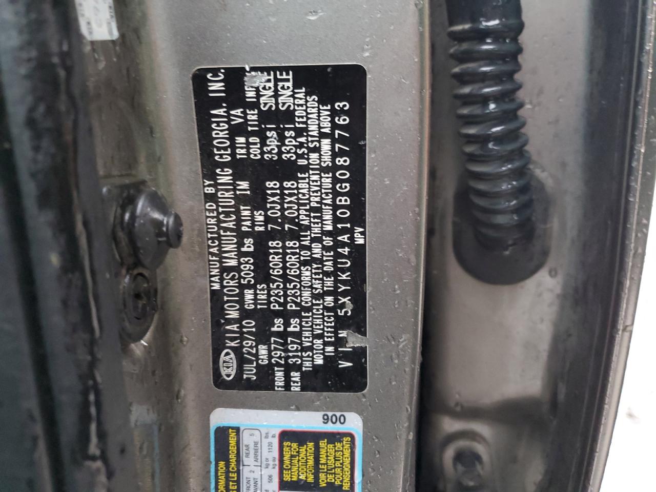 2011 KIA Sorento VIN 5XYKU4A10BG087763 Copart auction photo, rear end damage thumbnail 15