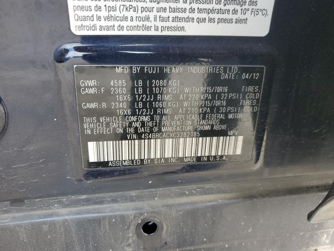 2012 Subaru Outback VIN 4S4BRCACXC3282185 Copart auction photo, side / rear end damage thumbnail 14