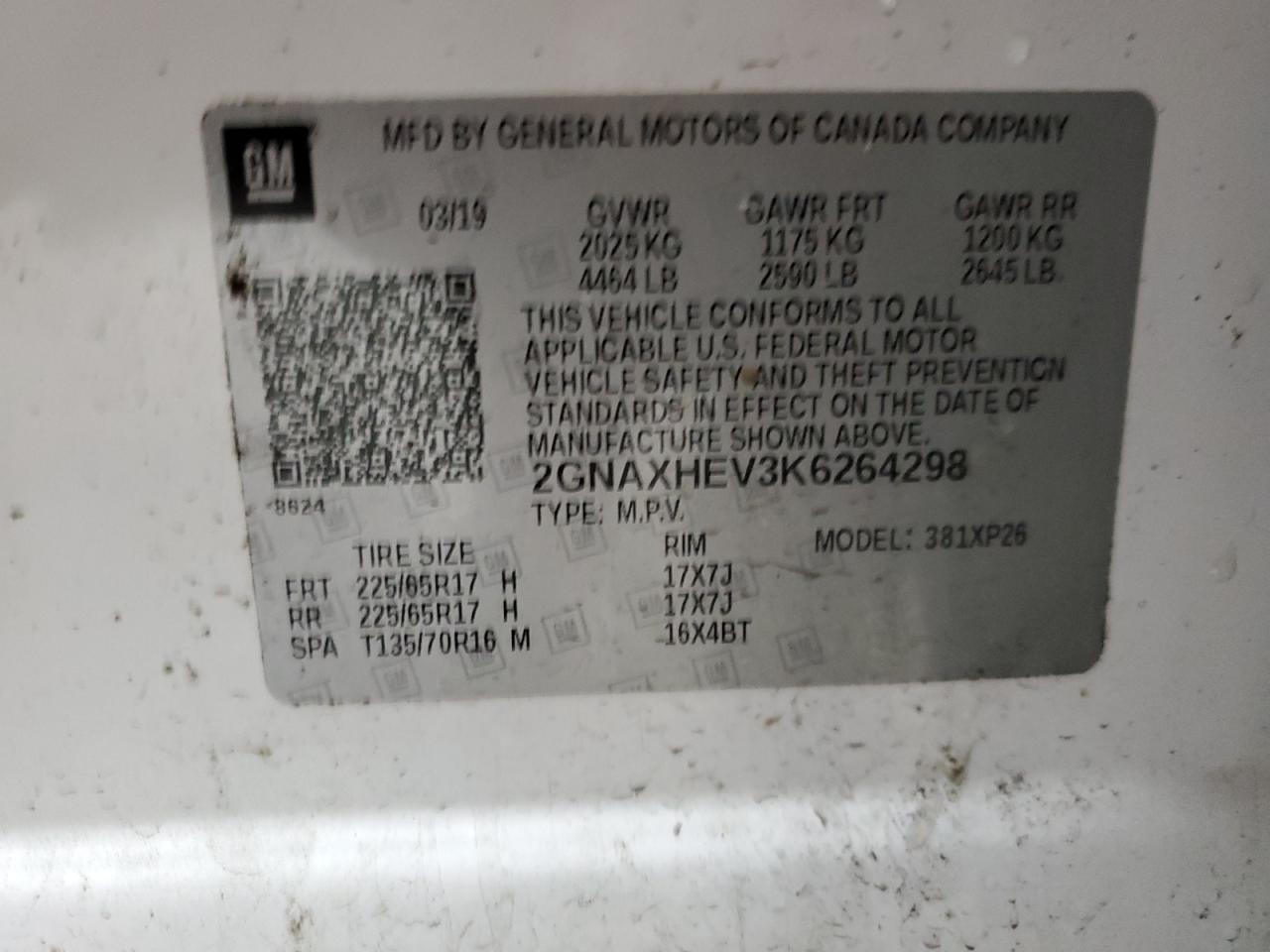 2019 Chevrolet Equinox VIN 2GNAXHEV3K6264298 Copart auction photo, front end / side damage thumbnail 14