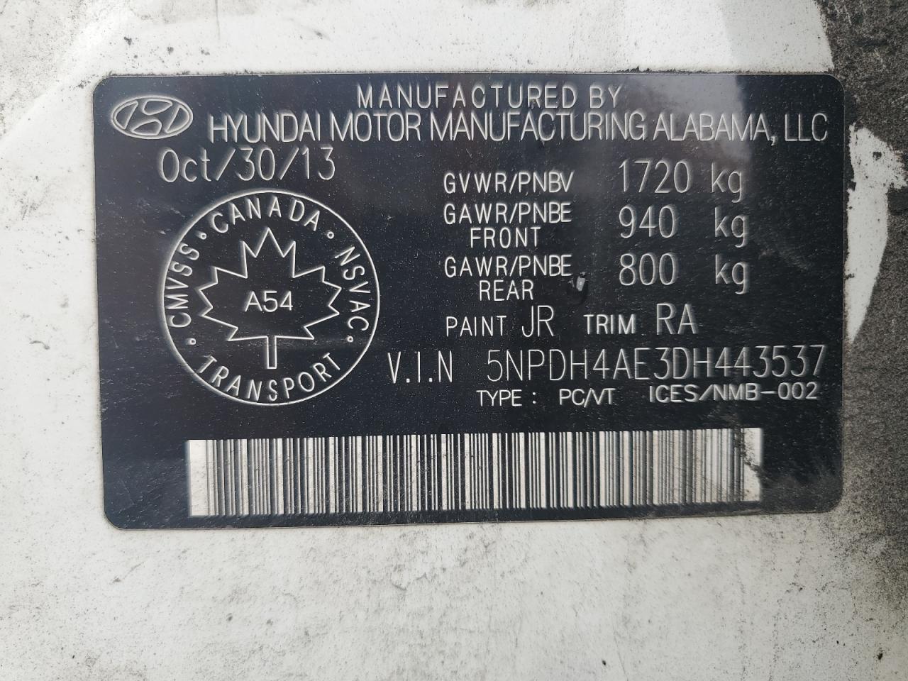 2013 Hyundai Elantra VIN 5NPDH4AE3DH443537 Copart auction photo, minor dent/scratches damage thumbnail 12