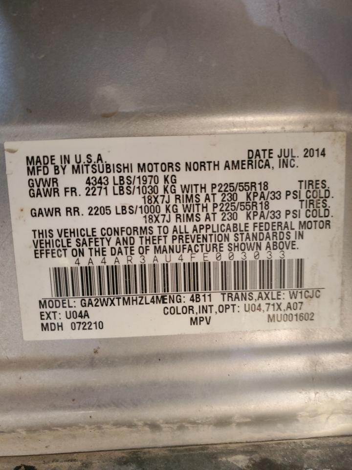 2015 Mitsubishi Outlander VIN 4A4AR3AU4FE003033 Copart auction photo, front end / side damage thumbnail 13