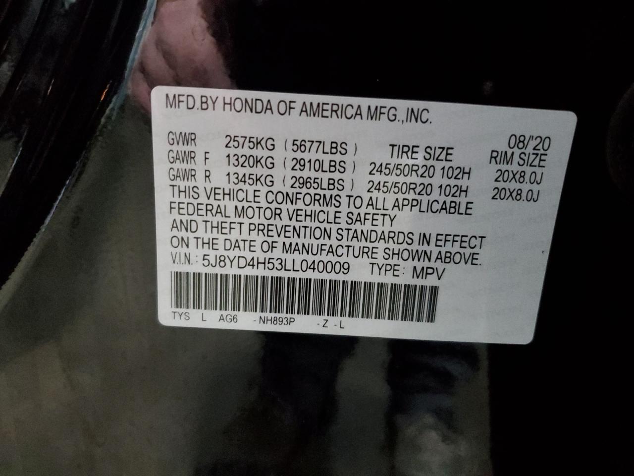 2020 Acura MDX VIN 5J8YD4H53LL040009 Copart auction photo, front end / side damage thumbnail 14