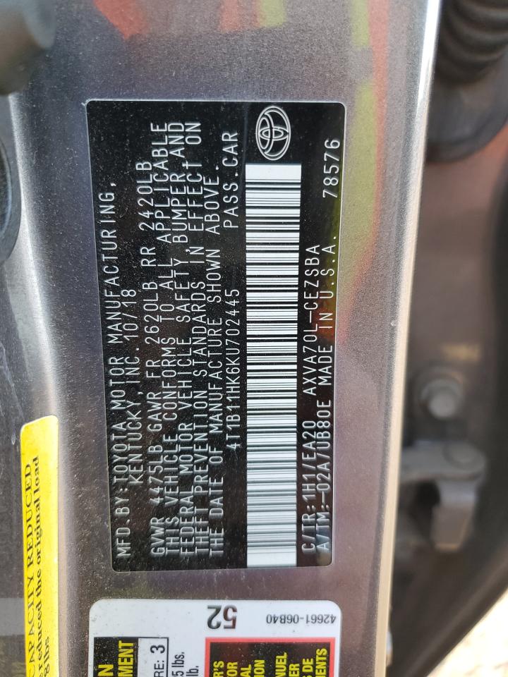 2019 Toyota Camry VIN 4T1B11HK6KU702445 Copart auction photo, side / front end damage thumbnail 12