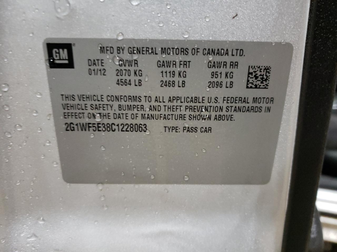 2012 Chevrolet Impala VIN 2G1WF5E38C1228063 Copart auction photo, rear end / minor dent/scratches damage thumbnail 12