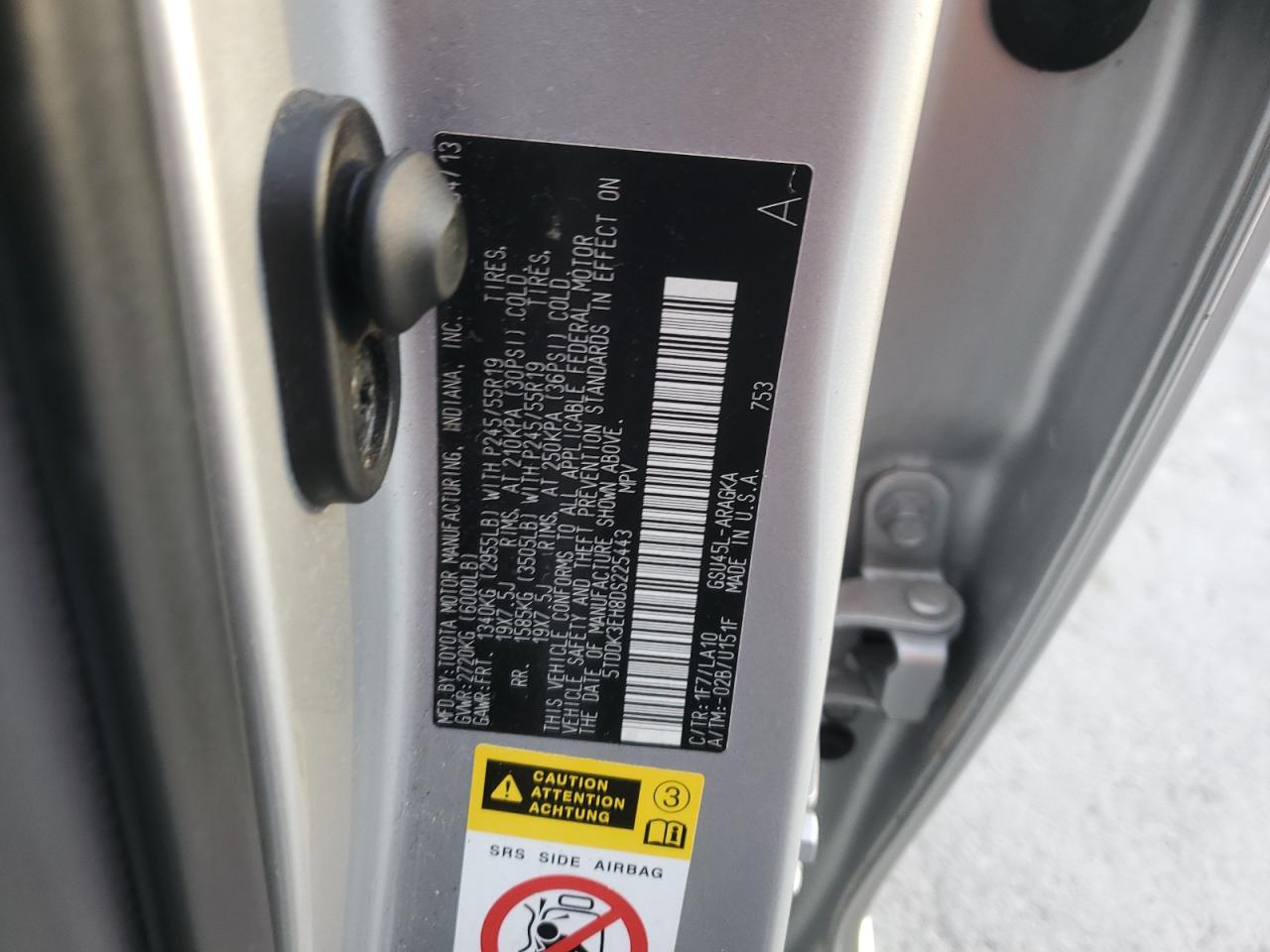 2013 Toyota Highlander VIN 5TDDK3EH8DS225443 Copart auction photo, front end damage thumbnail 13
