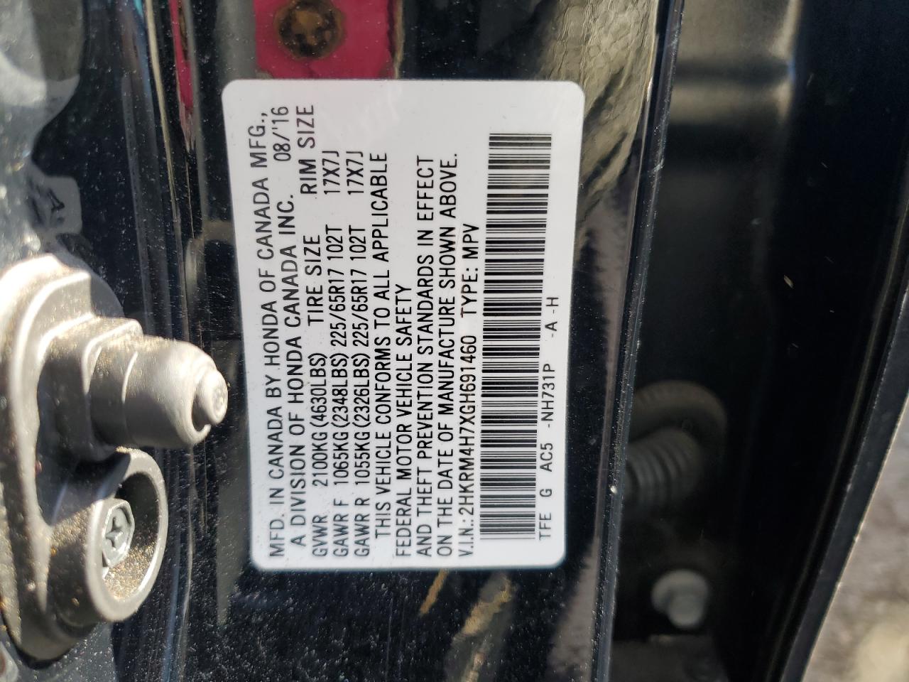2016 Honda CR-V VIN 2HKRM4H7XGH691460 Copart auction photo, front end / minor dent/scratches damage thumbnail 13