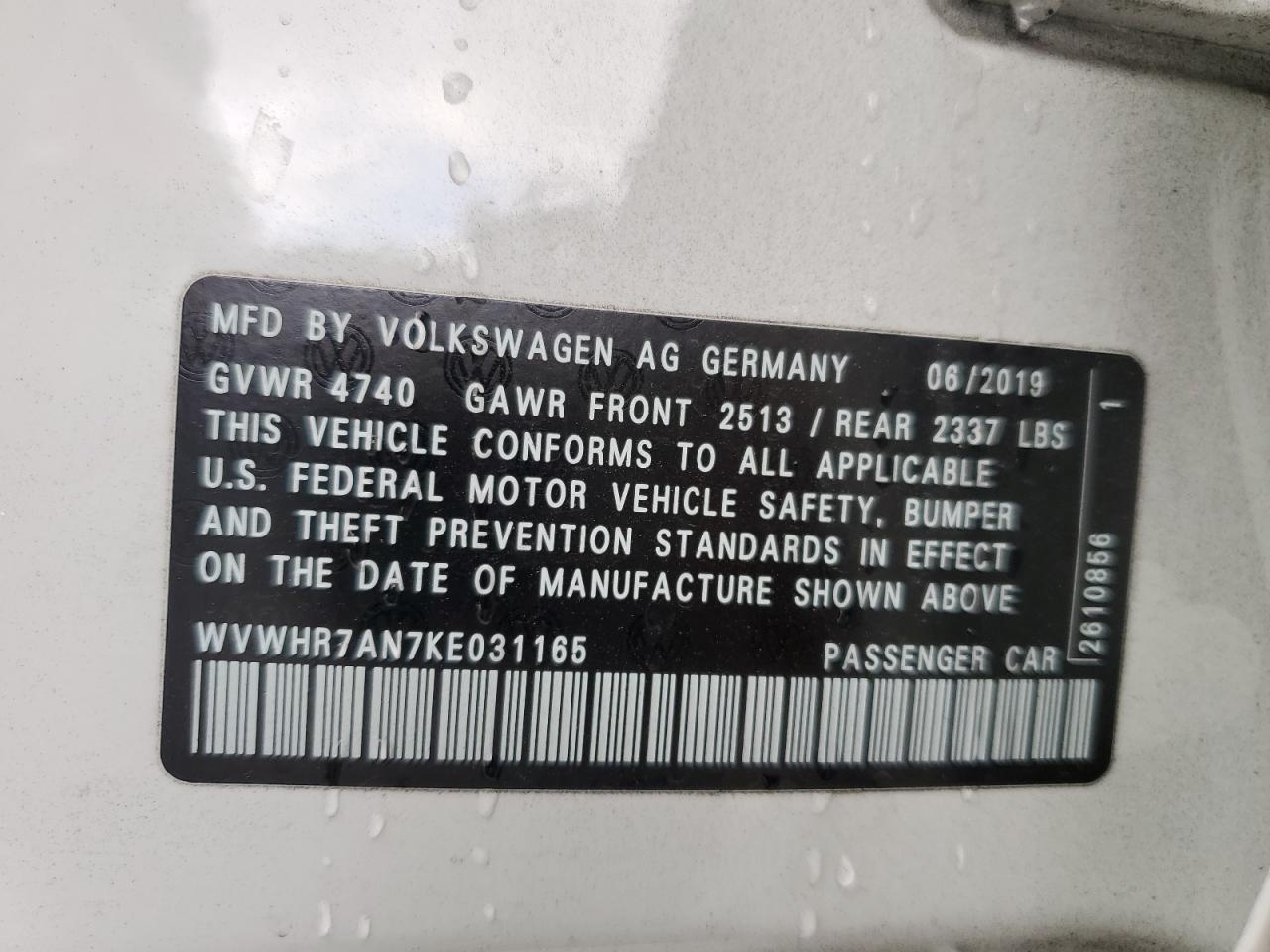 2019 Volkswagen Arteon VIN WVWHR7AN7KE031165 Copart auction photo, side damage thumbnail 13