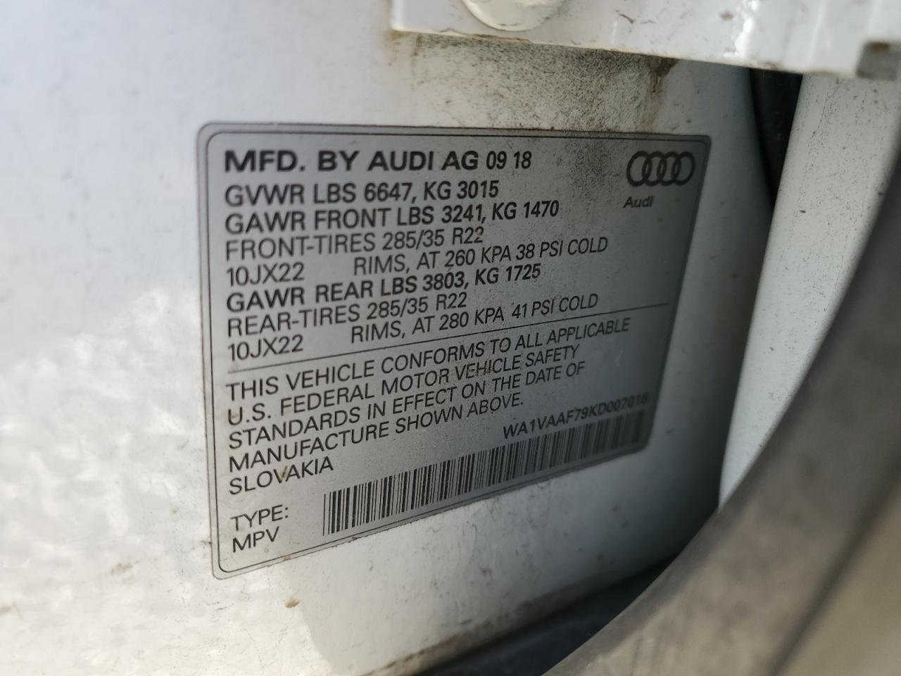 2019 Audi Q7 VIN WA1VAAF79KD007015 Copart auction photo, front end damage thumbnail 13