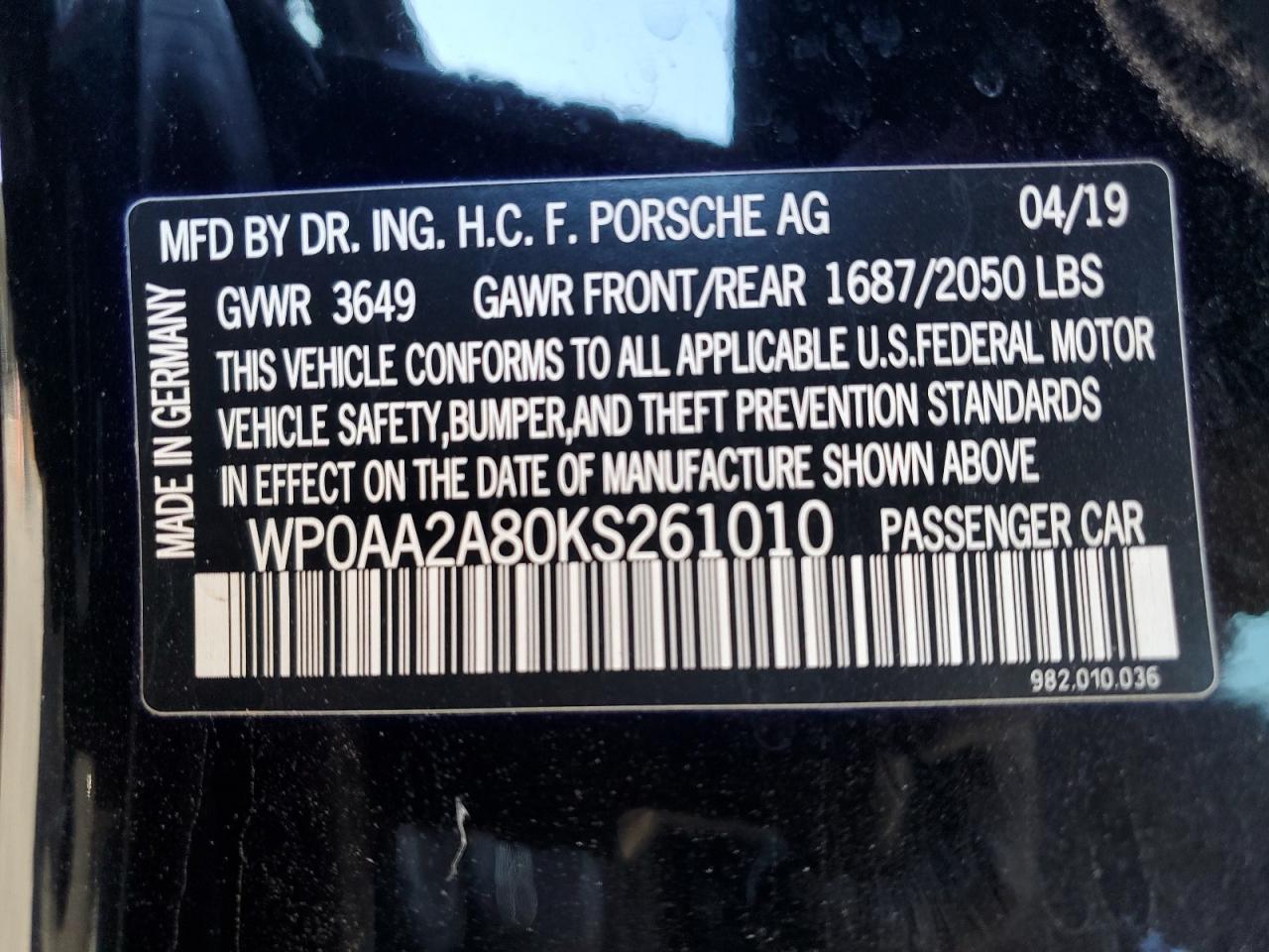 2019 Porsche Cayman VIN WP0AA2A80KS261010 Copart auction photo, front end / minor dent/scratches damage thumbnail 14