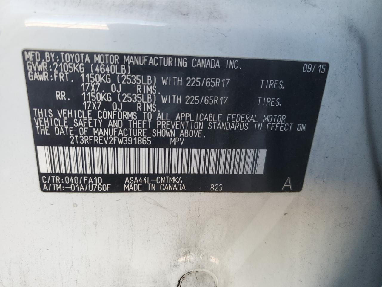 2015 Toyota RAV 4 VIN 2T3RFREV2FW391865 Copart auction photo, front end damage thumbnail 15