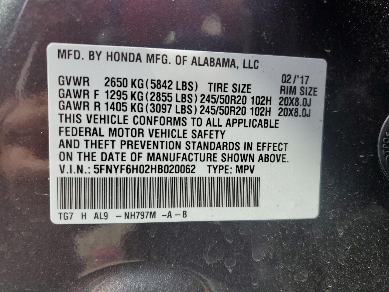 2017 Honda Pilot VIN 5FNYF6H02HB020062 Copart auction photo, rollover / mechanical damage thumbnail 16