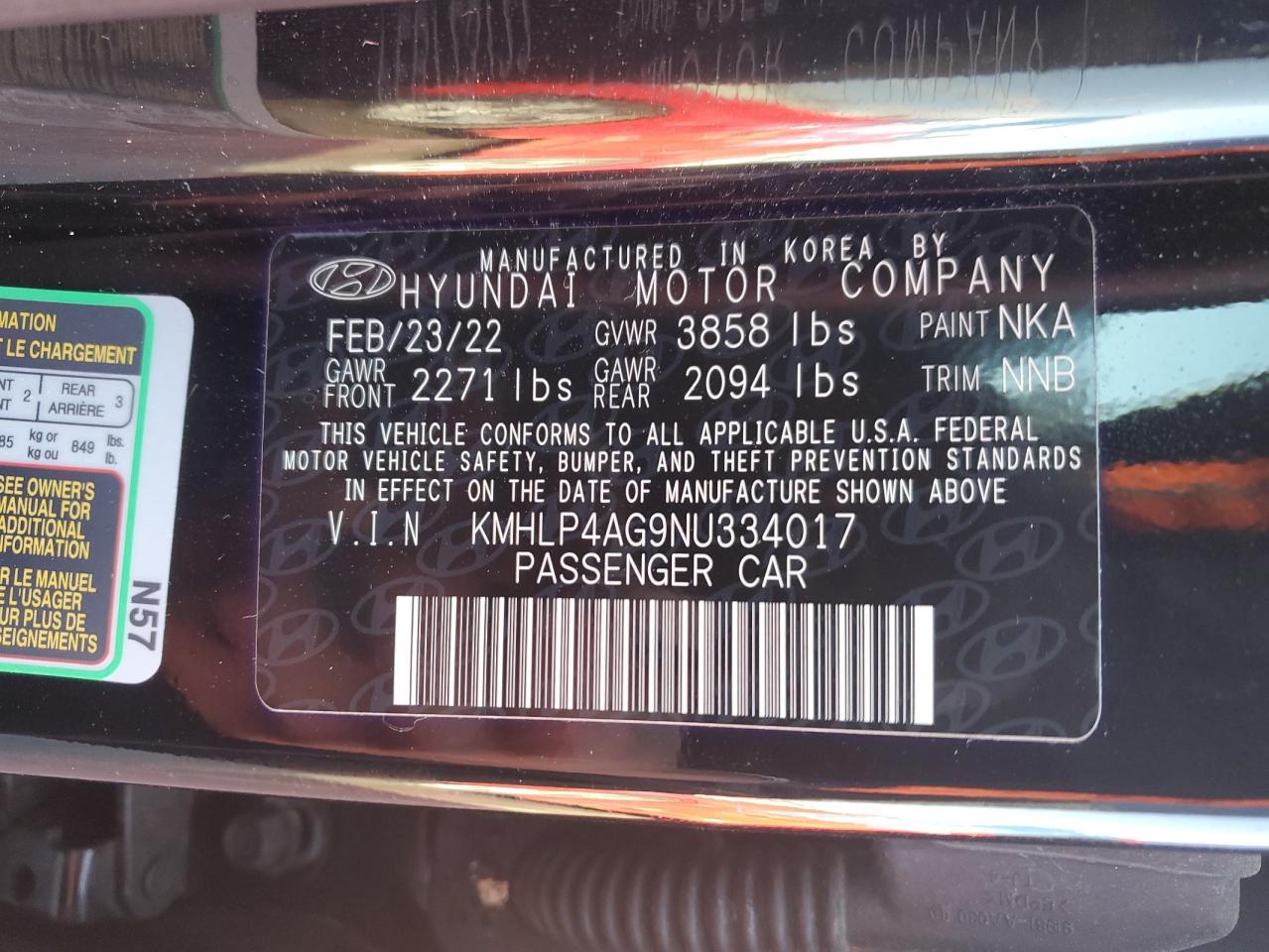 2022 Hyundai Elantra VIN KMHLP4AG9NU334017 Copart auction photo, rear end damage thumbnail 13