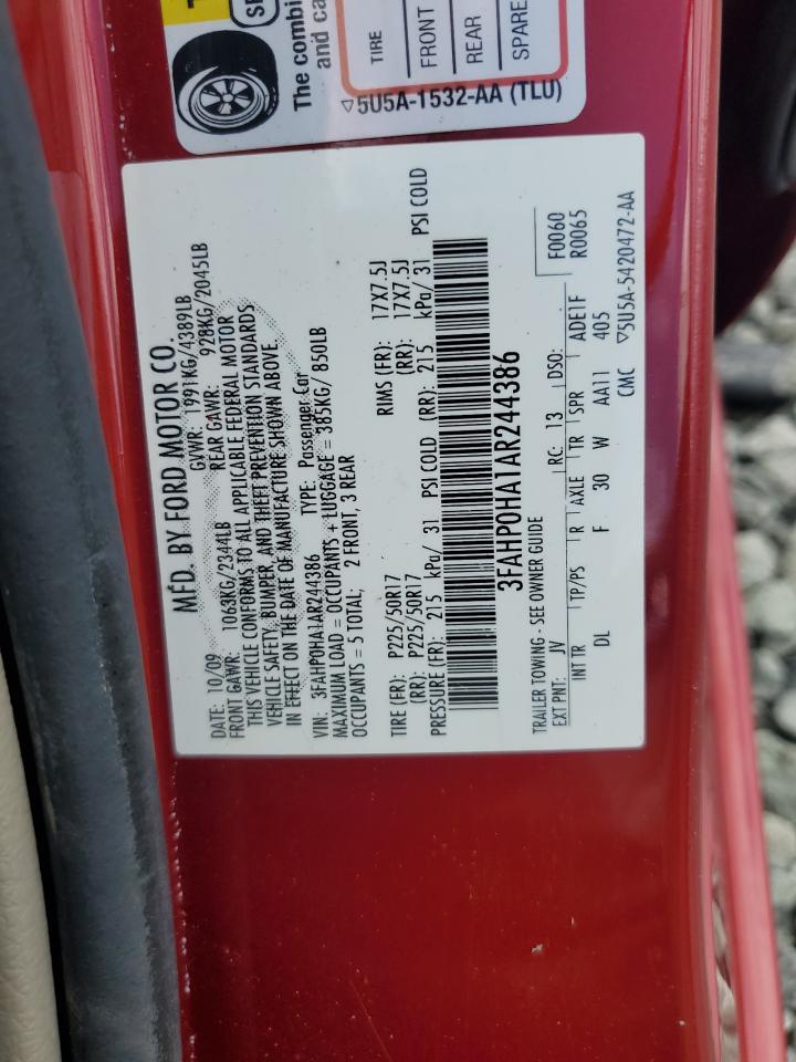 2010 Ford Fusion VIN 3FAHP0HA1AR244386 Copart auction photo, front end / side damage thumbnail 14