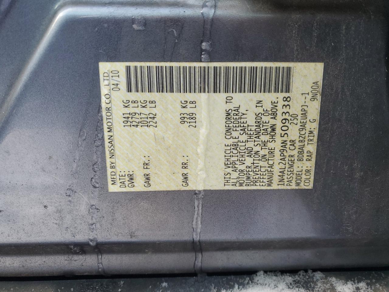 2010 Nissan Altima VIN 1N4AL2AP9AN509338 Copart auction photo, rear end damage thumbnail 12