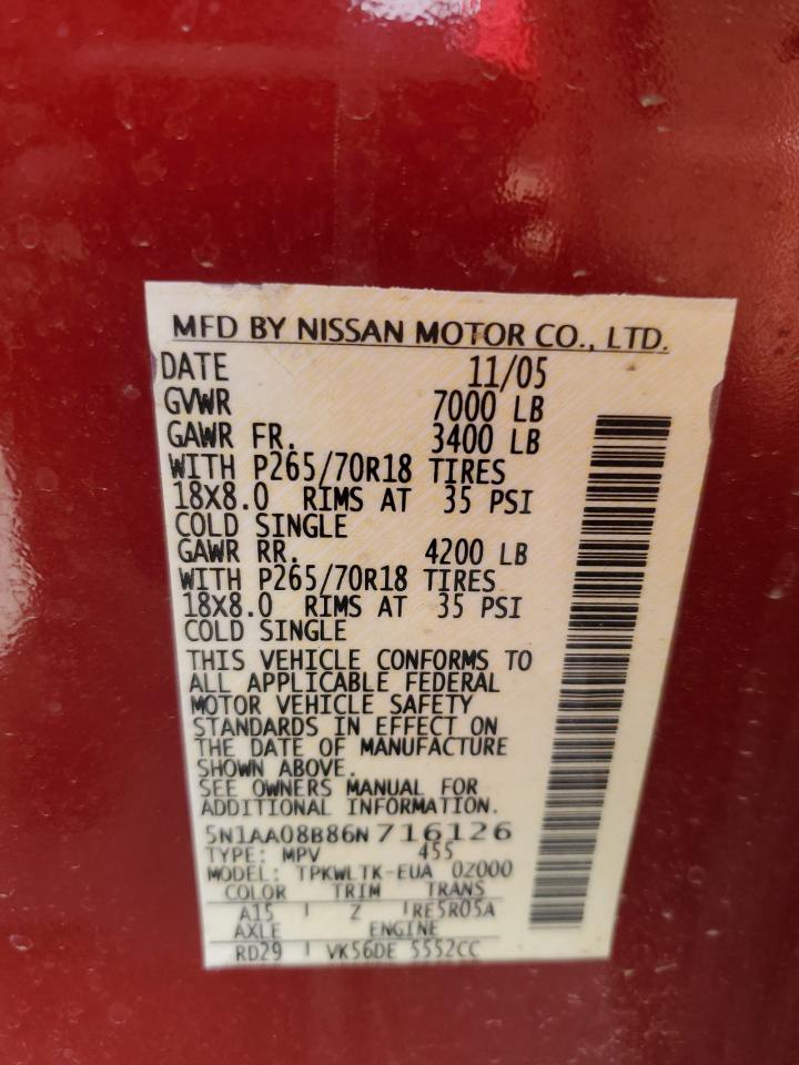 2006 Nissan Armada VIN 5N1AA08B86N716126 Copart auction photo, rear end / front end damage thumbnail 13