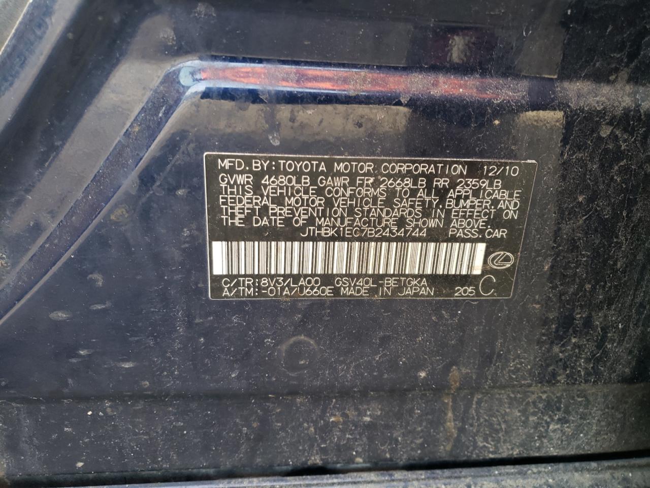 2011 Lexus ES VIN JTHBK1EG7B2434744 Copart auction photo, all over damage thumbnail 12