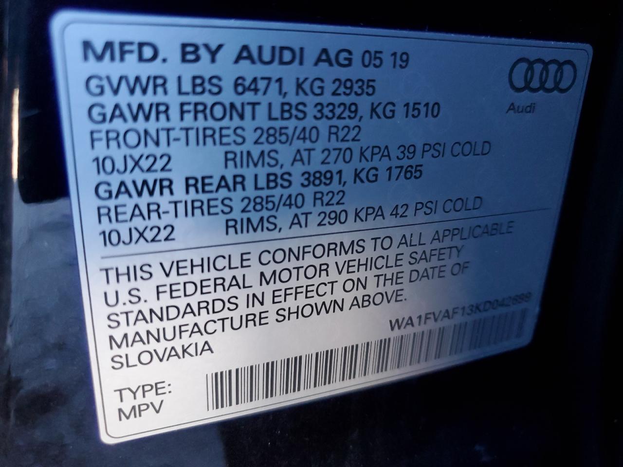 2019 Audi Q8 VIN WA1FVAF13KD042699 Copart auction photo, front end damage thumbnail 13
