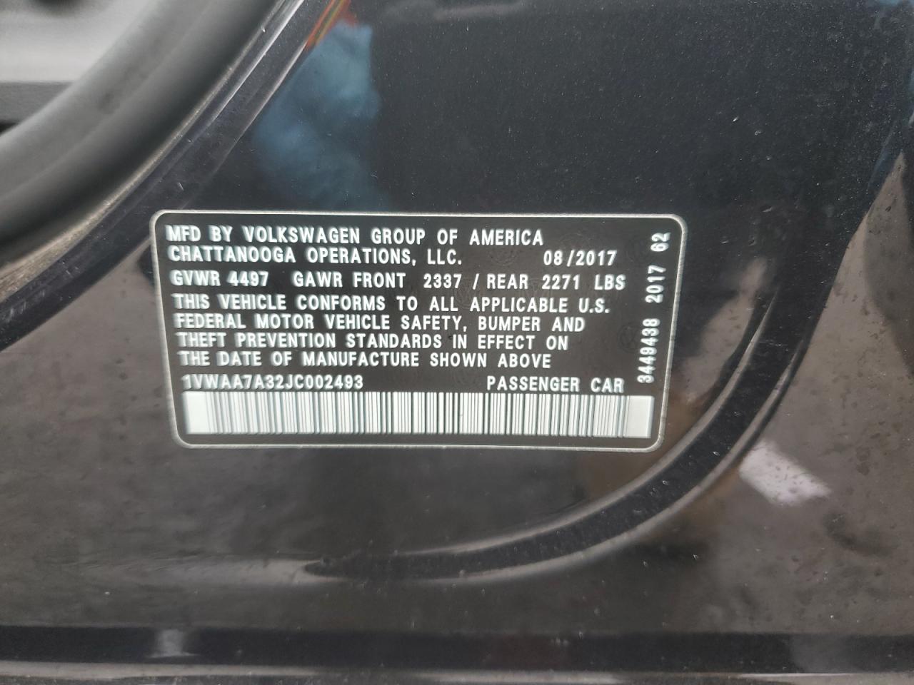 2018 Volkswagen Passat VIN 1VWAA7A32JC002493 Copart auction photo, front end / rear end damage thumbnail 12