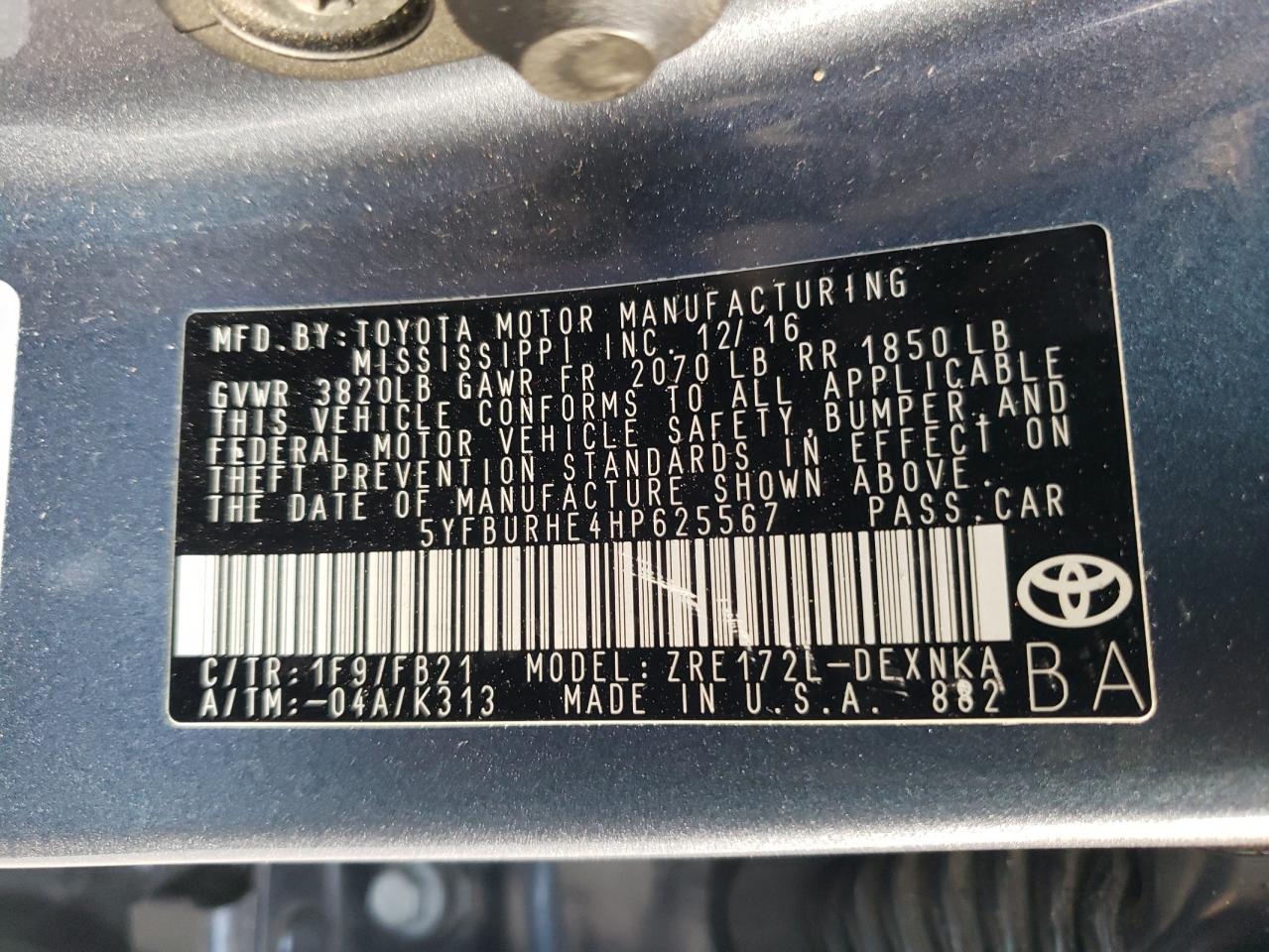 2017 Toyota Corolla VIN 5YFBURHE4HP625567 Copart auction photo, front end damage thumbnail 12