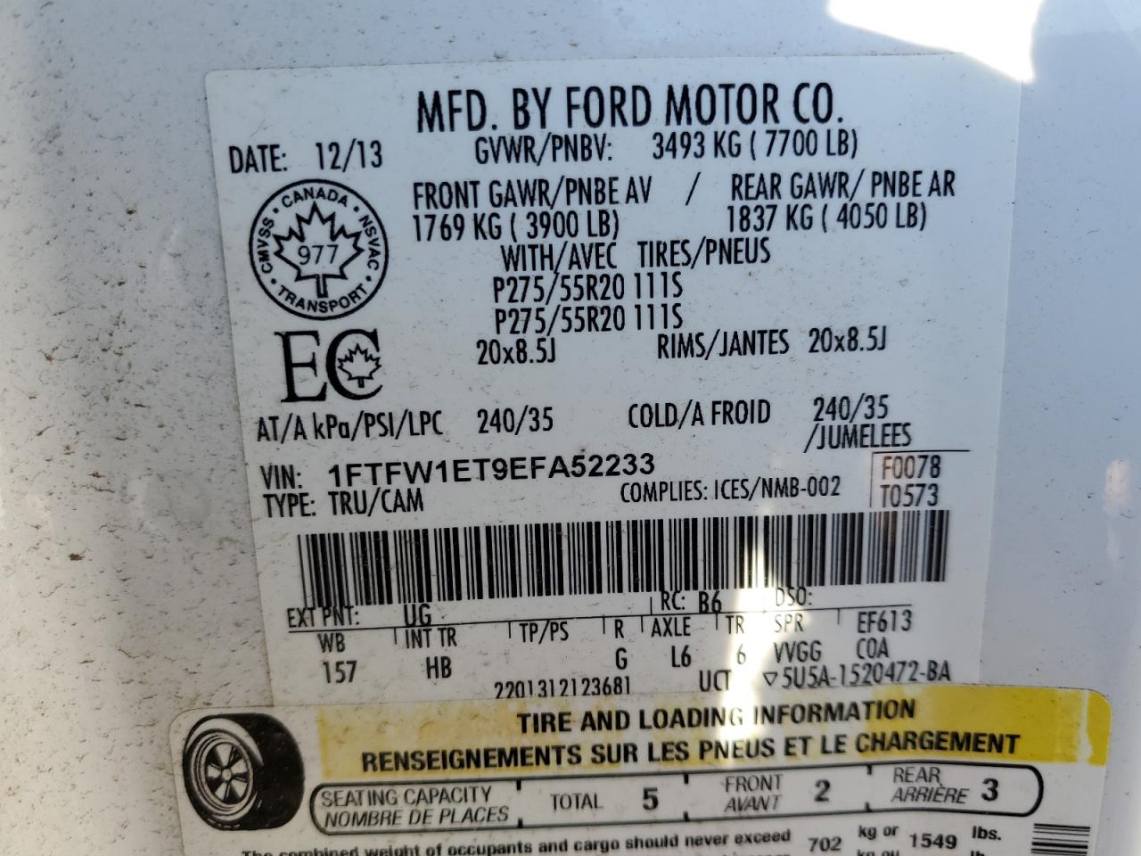 2014 Ford F-150 VIN 1FTFW1ET9EFA52233 Copart auction photo, undercarriage / all over damage thumbnail 12