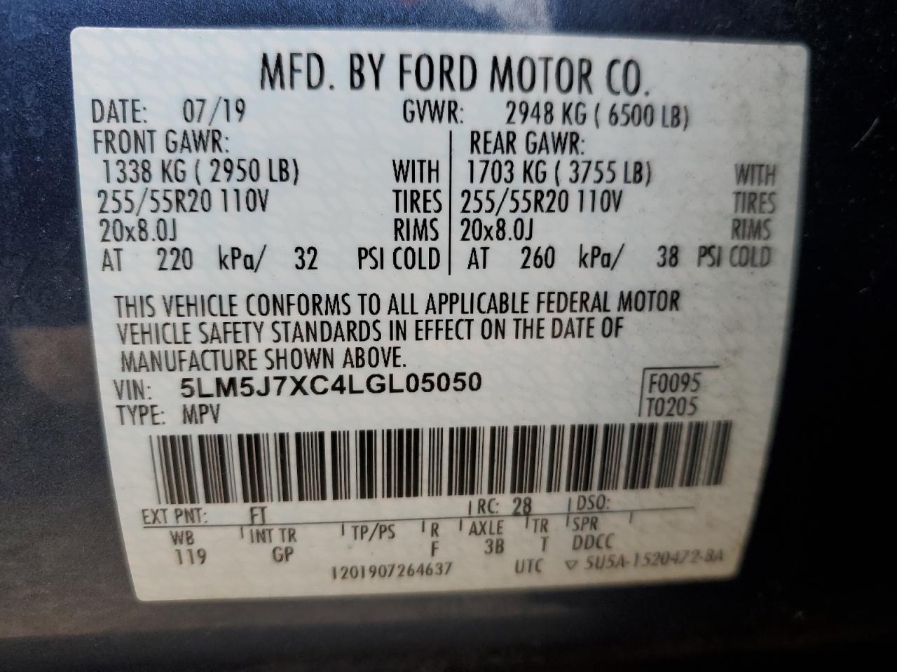 2020 Lincoln Aviator VIN 5LM5J7XC4LGL05050 Copart auction photo, rear end / side damage thumbnail 14