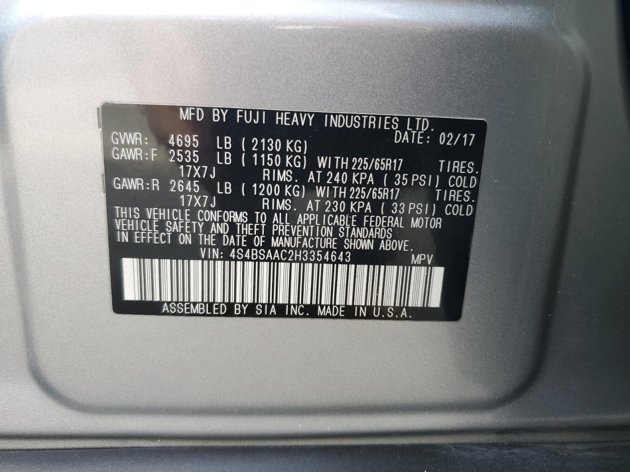 2017 Subaru Outback VIN 4S4BSAAC2H3354643 Copart auction photo, rear end damage thumbnail 13