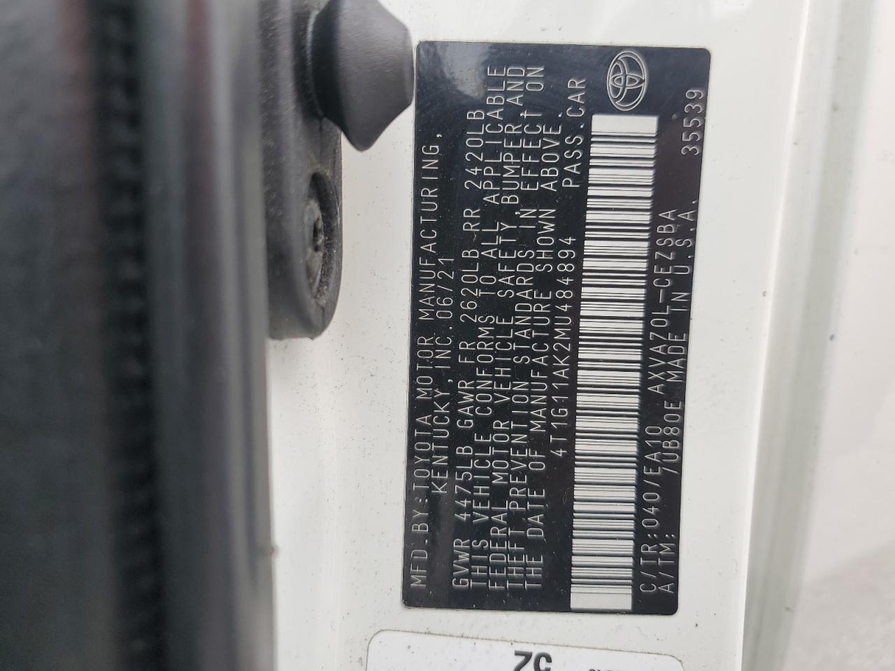 2021 Toyota Camry VIN 4T1G11AK2MU484894 Copart auction photo, front end damage thumbnail 14