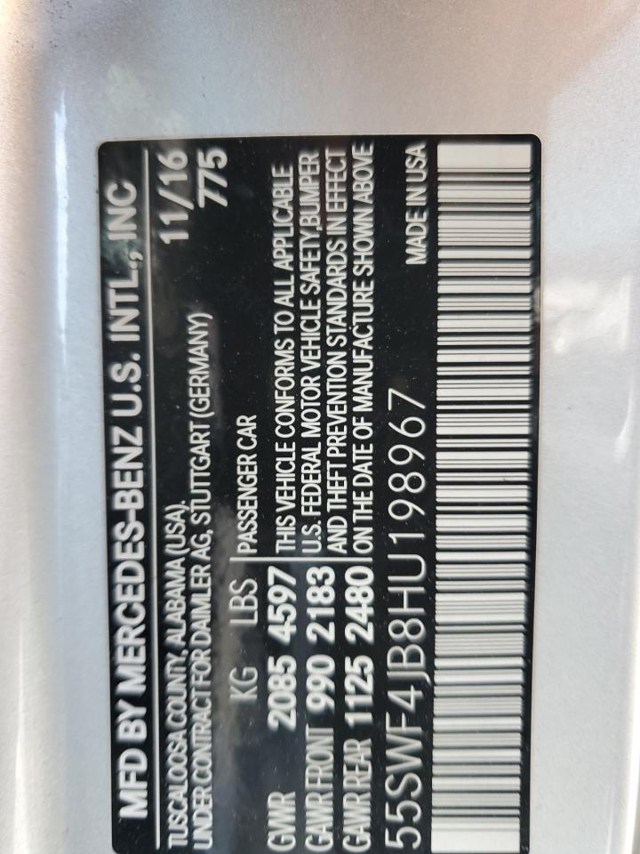 2017 Mercedes-Benz C-klasse VIN 55SWF4JB8HU198967 Copart auction photo, front end damage thumbnail 14
