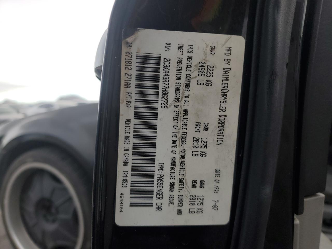 2007 Chrysler 300 VIN 2C3KA43R77H862729 Copart auction photo, front end / side damage thumbnail 14