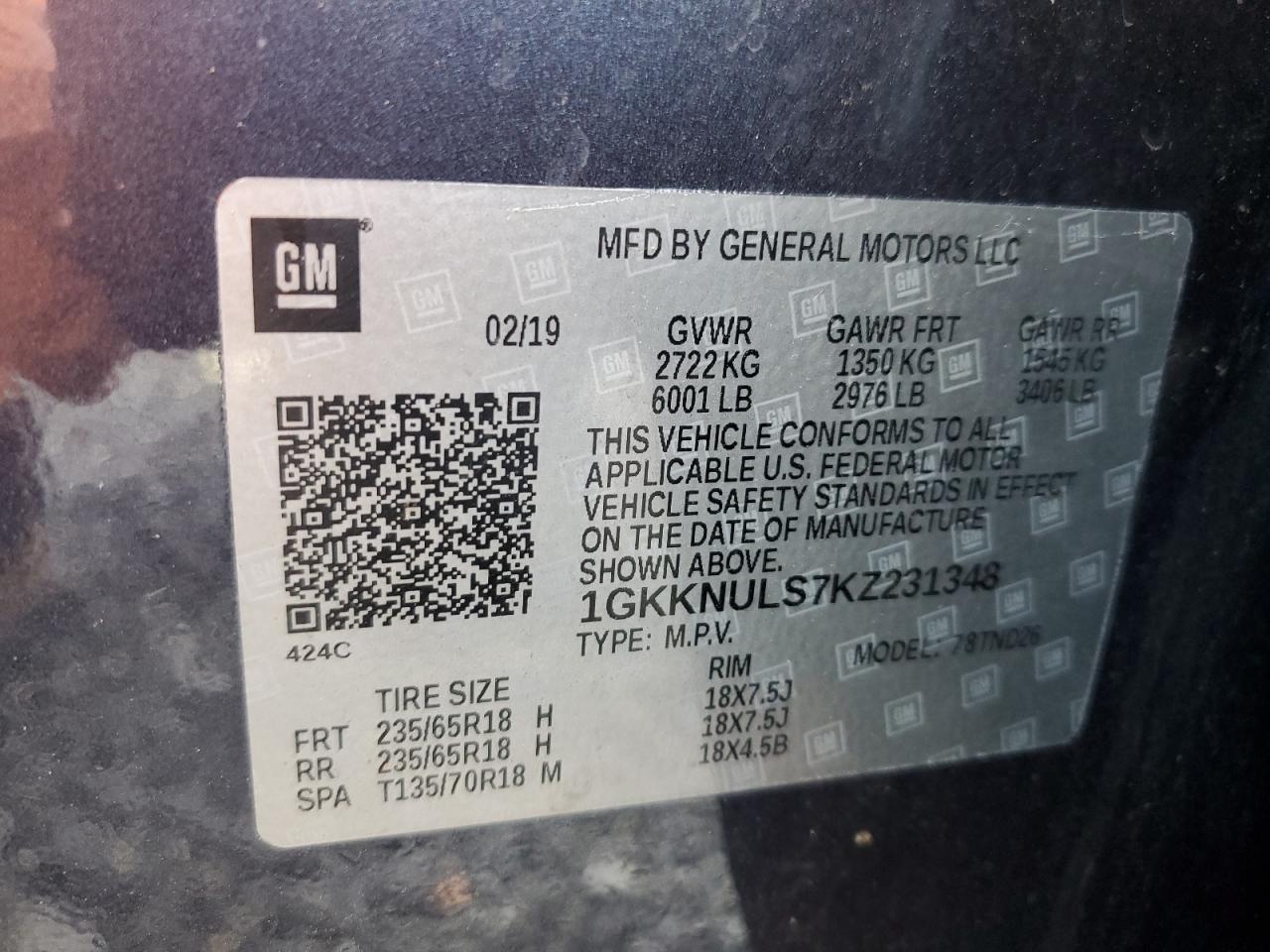2019 GMC Acadia VIN 1GKKNULS7KZ231348 Copart auction photo, front end / rear end damage thumbnail 15