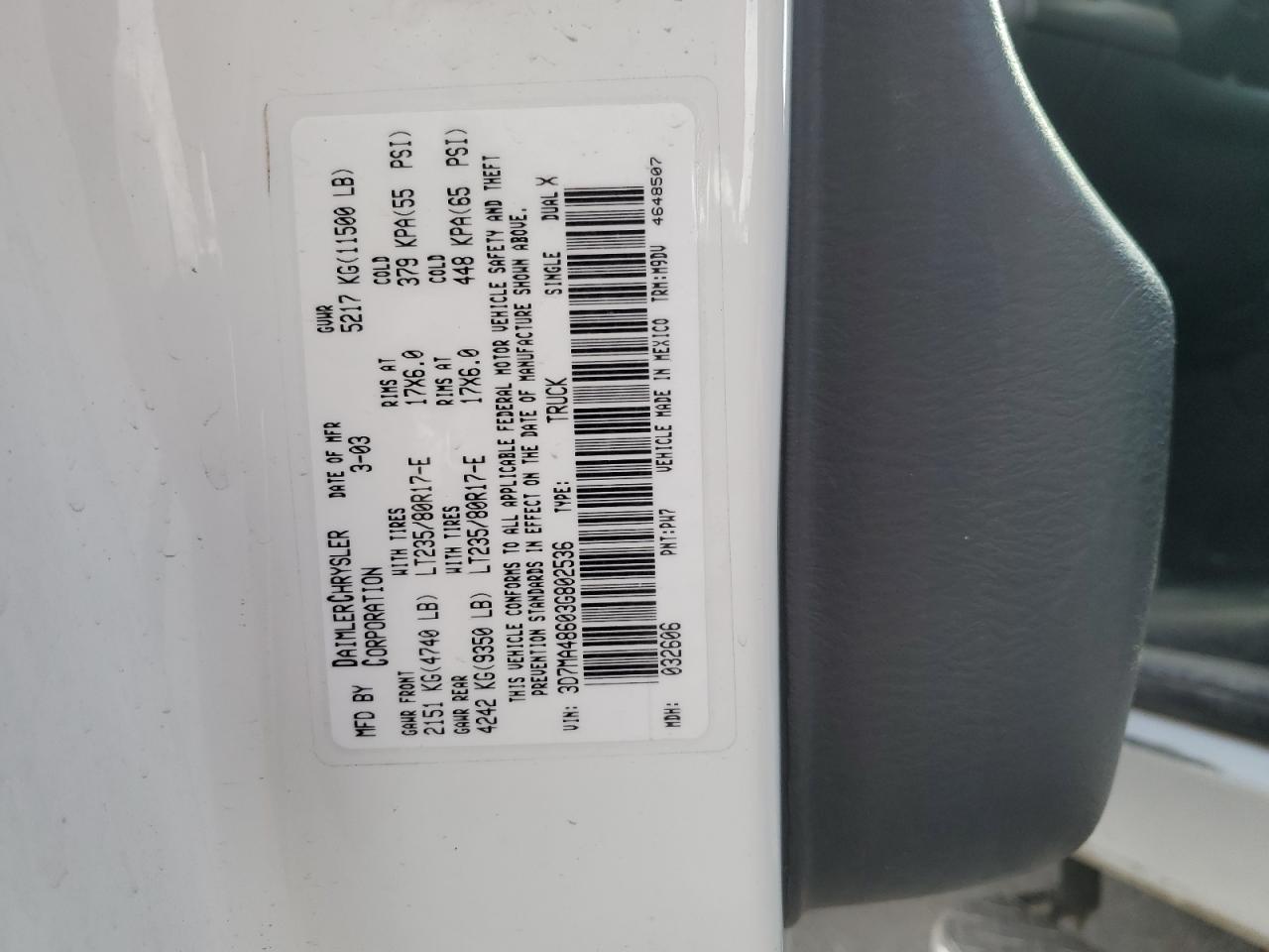 2003 Dodge RAM VIN 3D7MA48603G802536 Copart auction photo, side damage thumbnail 12