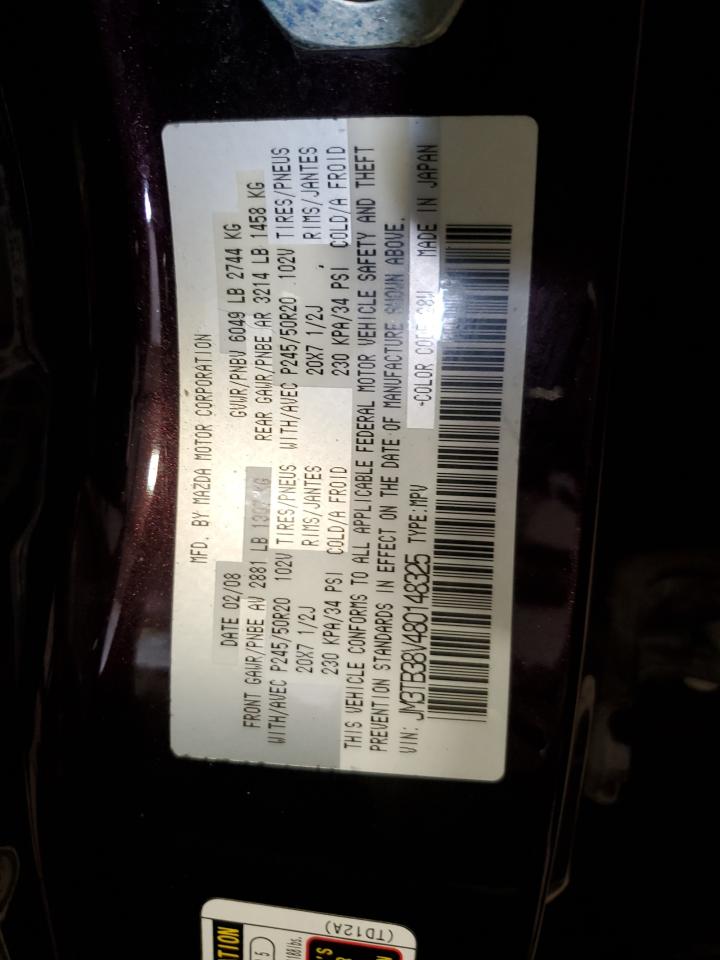 2008 Mazda CX-9 VIN JM3TB38V480148325 Copart auction photo, front end / rear end damage thumbnail 13