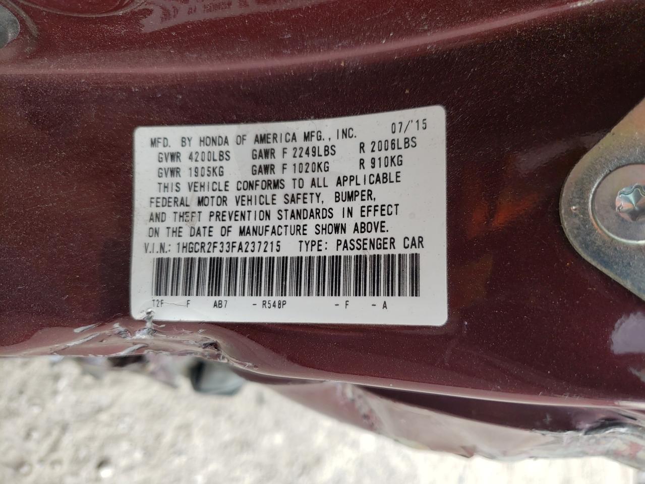 2015 Honda Accord VIN 1HGCR2F33FA237215 Copart auction photo, all over damage thumbnail 15