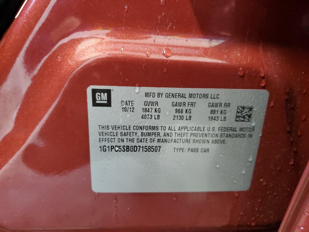 2013 Chevrolet Cruze VIN 1G1PC5SB0D7158507 Copart auction photo, front end damage thumbnail 12