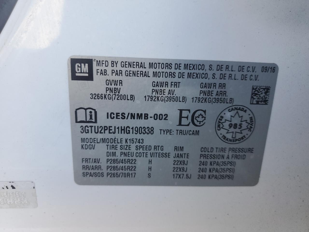 2017 GMC Sierra VIN 3GTU2PEJ1HG190338 Copart auction photo, mechanical damage thumbnail 14