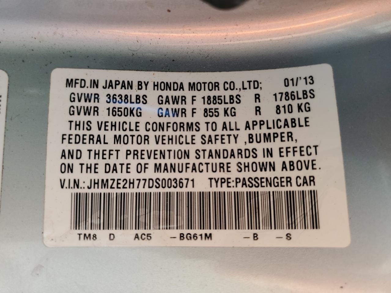 2013 Honda Insight VIN JHMZE2H77DS003671 Copart auction photo, front end damage thumbnail 12