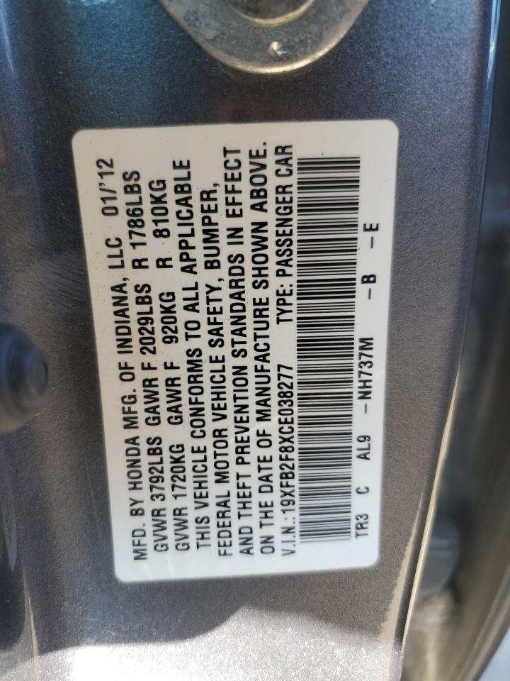 2012 Honda Civic VIN 19XFB2F8XCE038277 Copart auction photo, side / undercarriage damage thumbnail 12