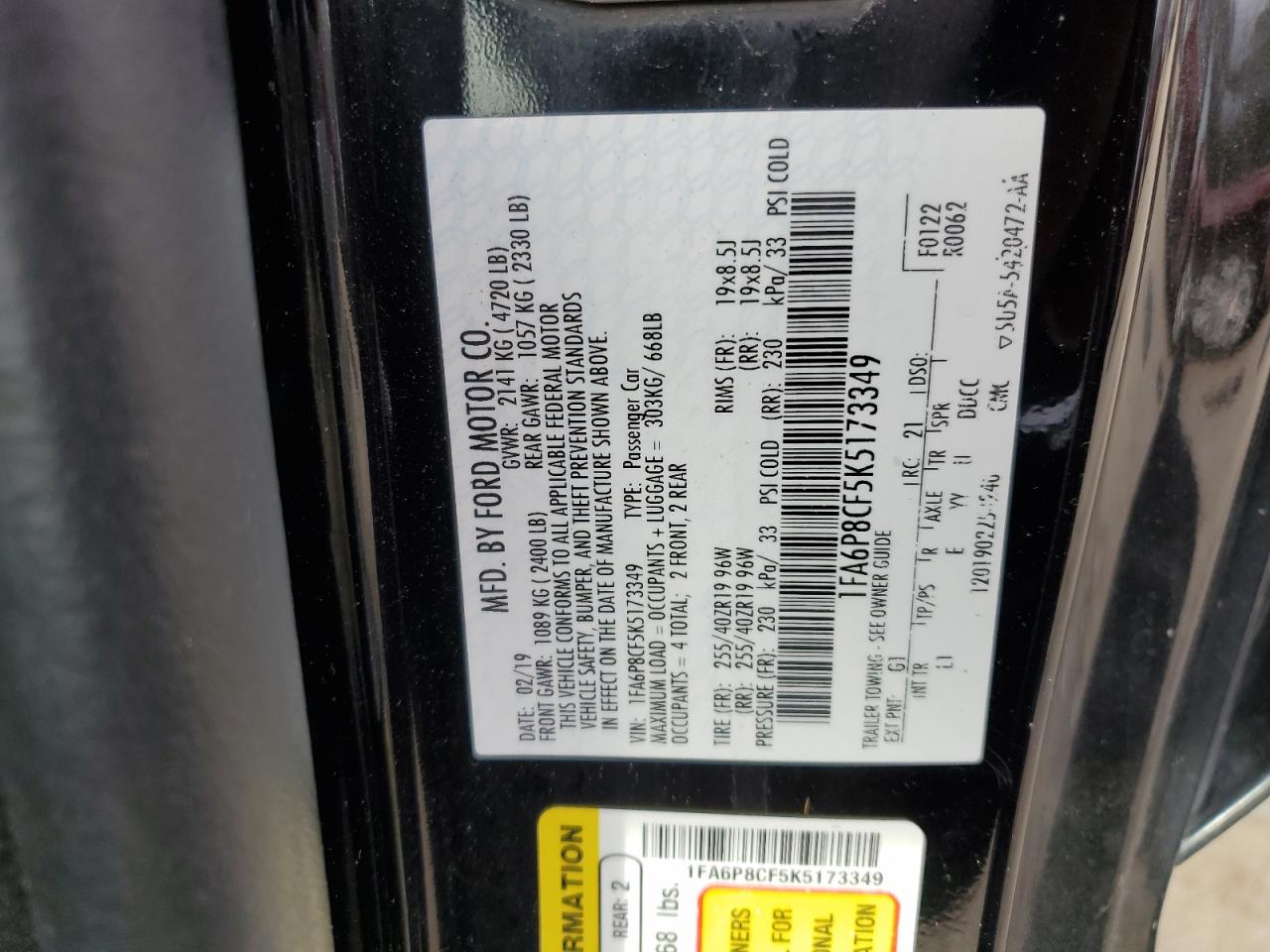 2019 Ford Mustang VIN 1FA6P8CF5K5173349 Copart auction photo, front end / side damage thumbnail 12