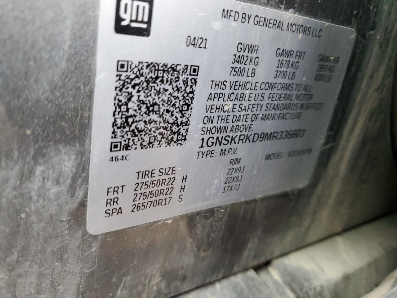 2021 Chevrolet Tahoe VIN 1GNSKRKD9MR336603 Copart auction photo, front end / minor dent/scratches damage thumbnail 14