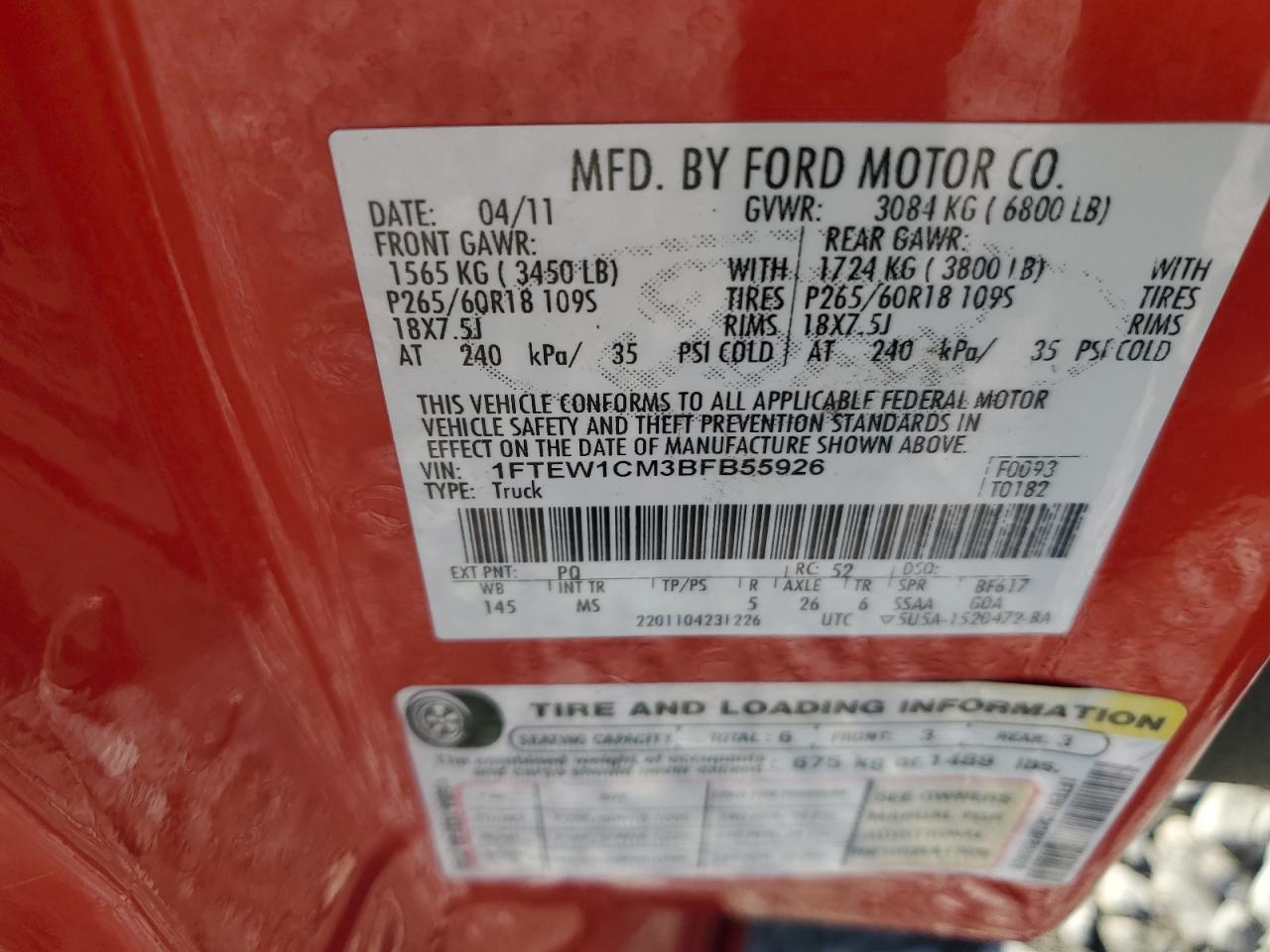 2011 Ford F-150 VIN 1FTEW1CM3BFB55926 Copart auction photo, all over damage thumbnail 12