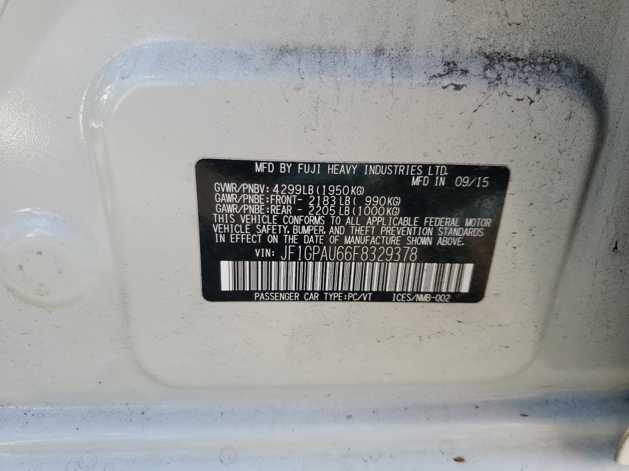 2015 Subaru Impreza VIN JF1GPAU66F8329378 Copart auction photo, front end damage thumbnail 15