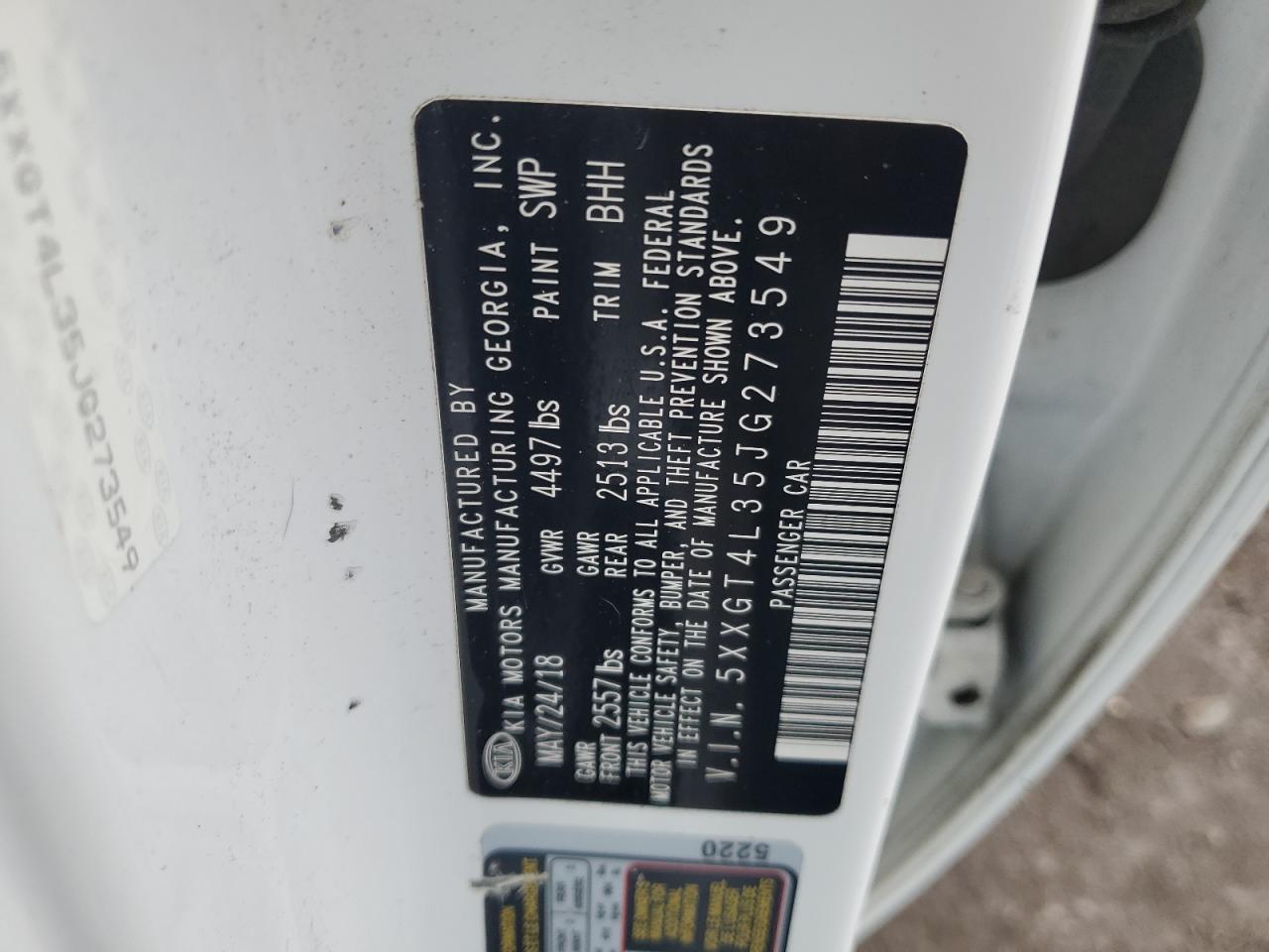 2018 KIA Optima VIN 5XXGT4L35JG273549 Copart auction photo, front end damage thumbnail 13