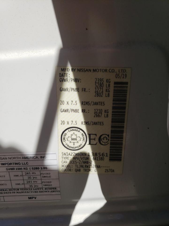 2019 Nissan Murano VIN 5N1AZ2MS0KN138561 Copart auction photo, all over damage thumbnail 14