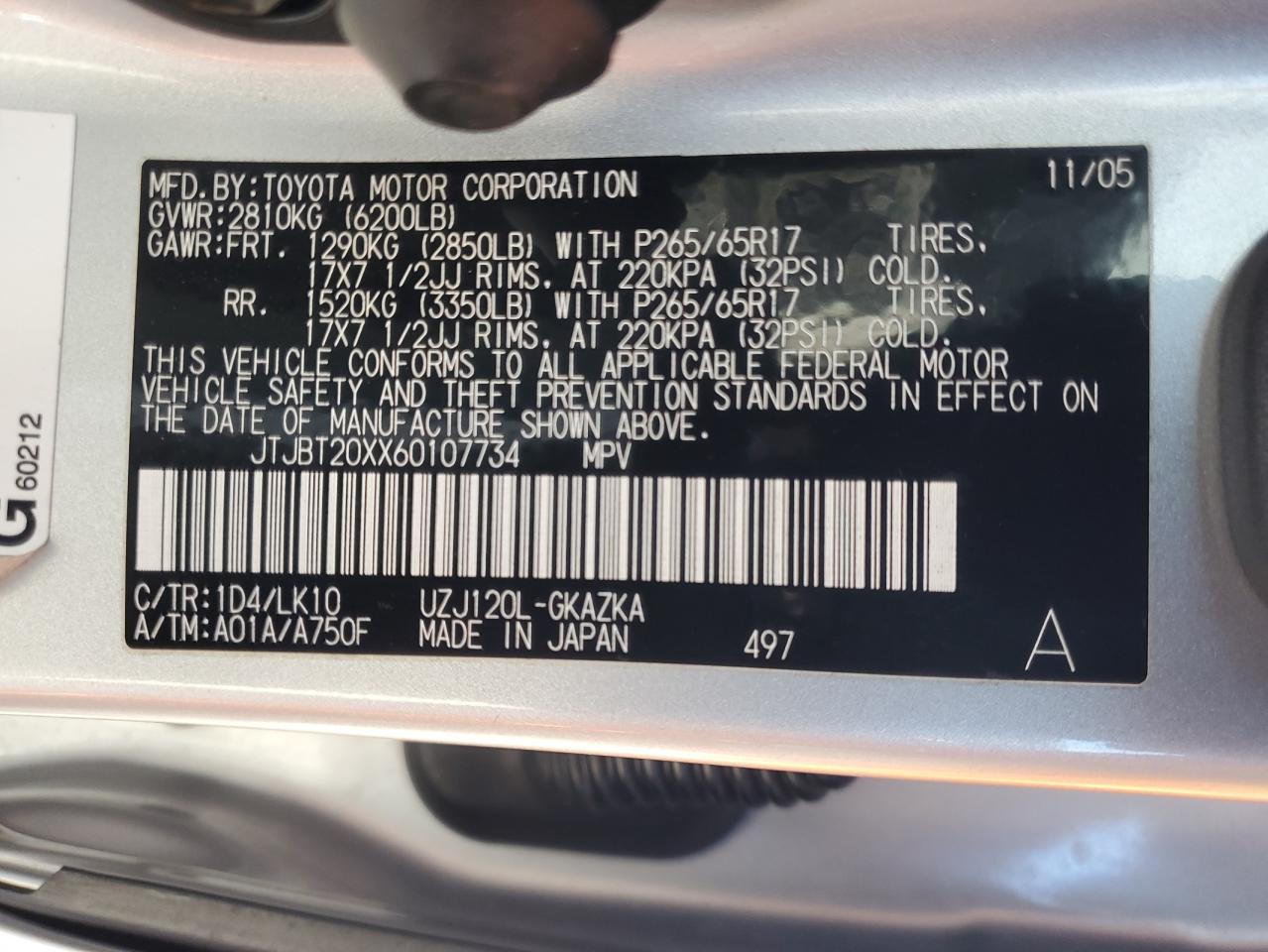 2006 Lexus GX VIN JTJBT20XX60107734 Copart auction photo, front end / side damage thumbnail 15