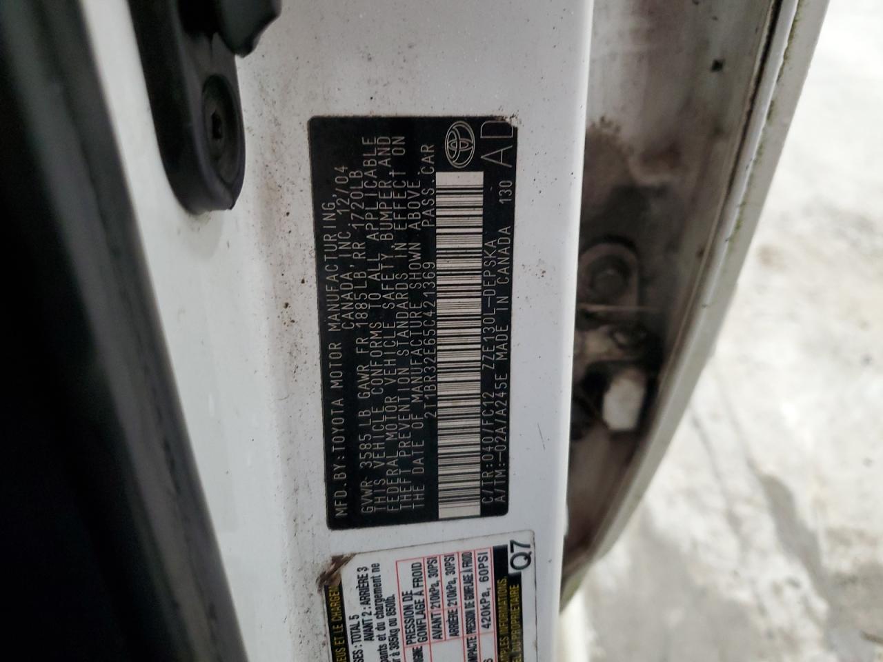 2005 Toyota Corolla VIN 2T1BR32E65C421369 Copart auction photo, rear end / front end damage thumbnail 12