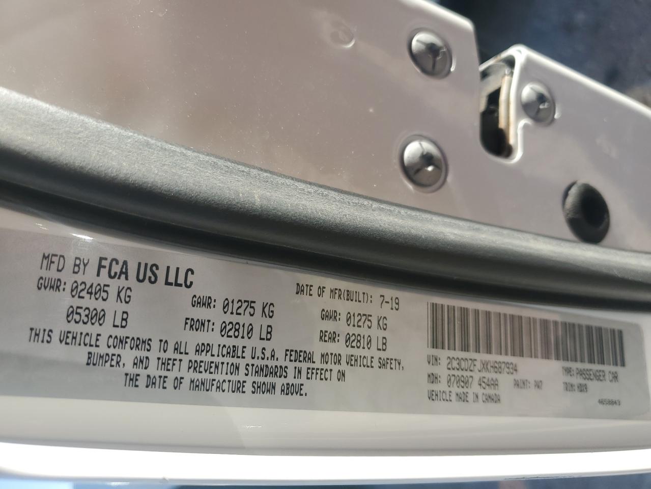 2019 Dodge Challenger VIN 2C3CDZFJXKH687934 Copart auction photo, front end damage thumbnail 12