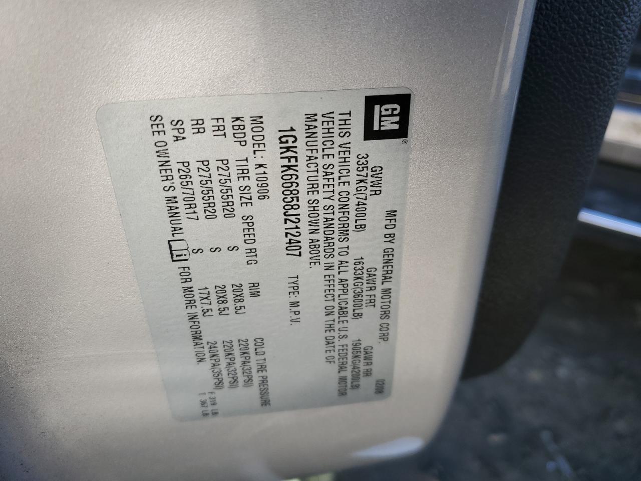 2008 GMC Yukon VIN 1GKFK66858J212407 Copart auction photo, front end damage thumbnail 13