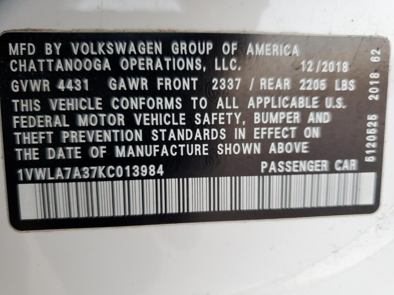 2019 Volkswagen Passat VIN 1VWLA7A37KC013984 Copart auction photo, front end damage thumbnail 12